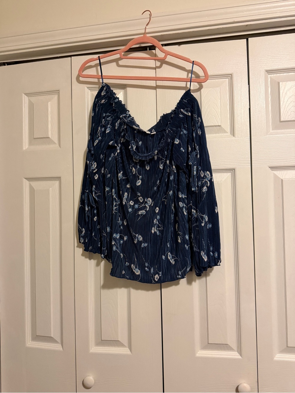LC Lauren Conrad Navy Blue Floral Off-Shoulder Blouse